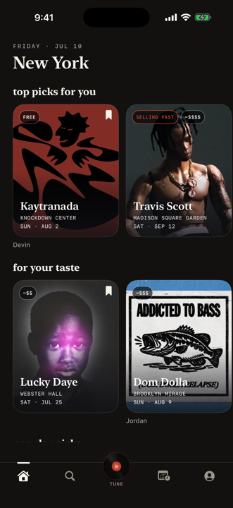 The Pull Up home screen showing tonight and this weekend as a wall of gig posters