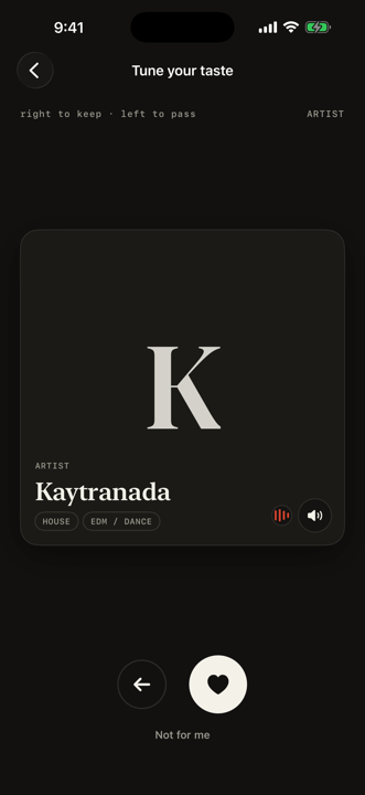 The tune-your-taste swipe deck in Pull Up